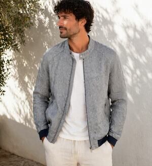 Zara Man Linen Bomber Jacket XL Light Blue Full Zip Minimalist Quiet Luxury